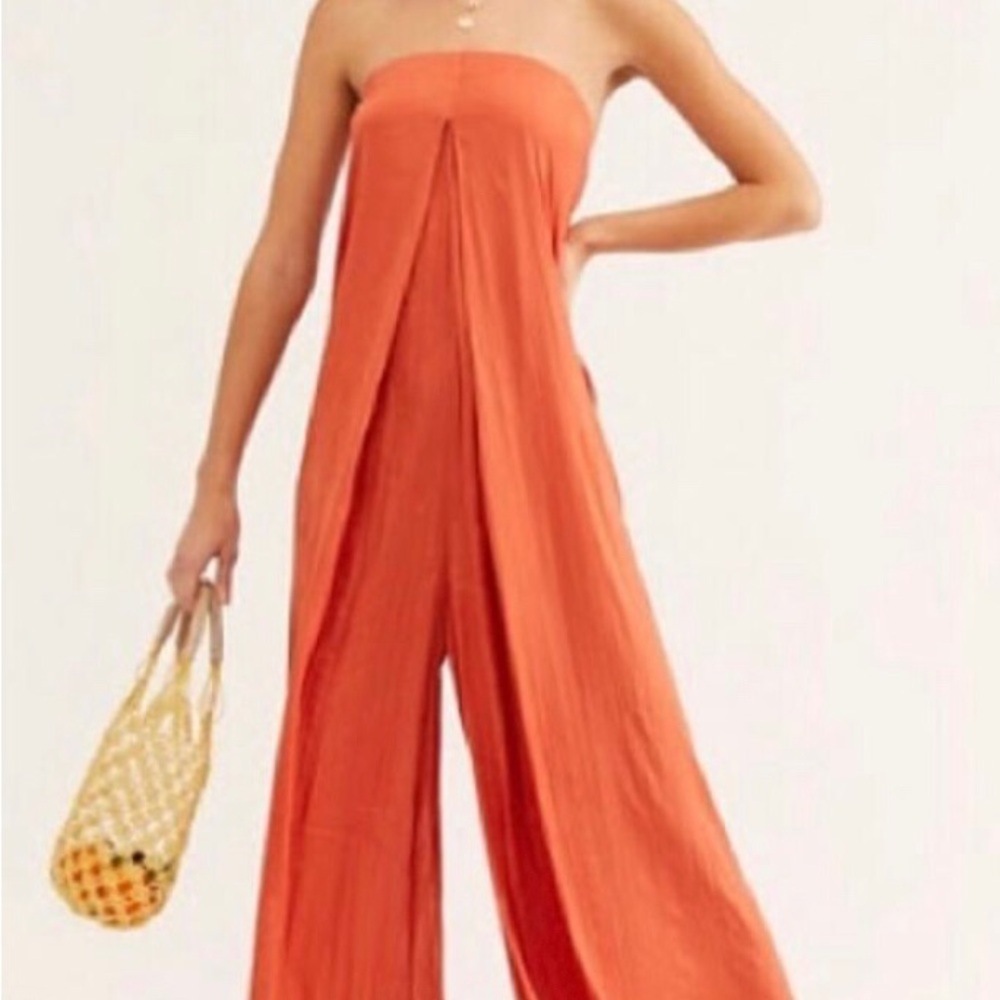 Free People Satin Sunset Orange Strapless Wide-Leg Jumpsuit size M